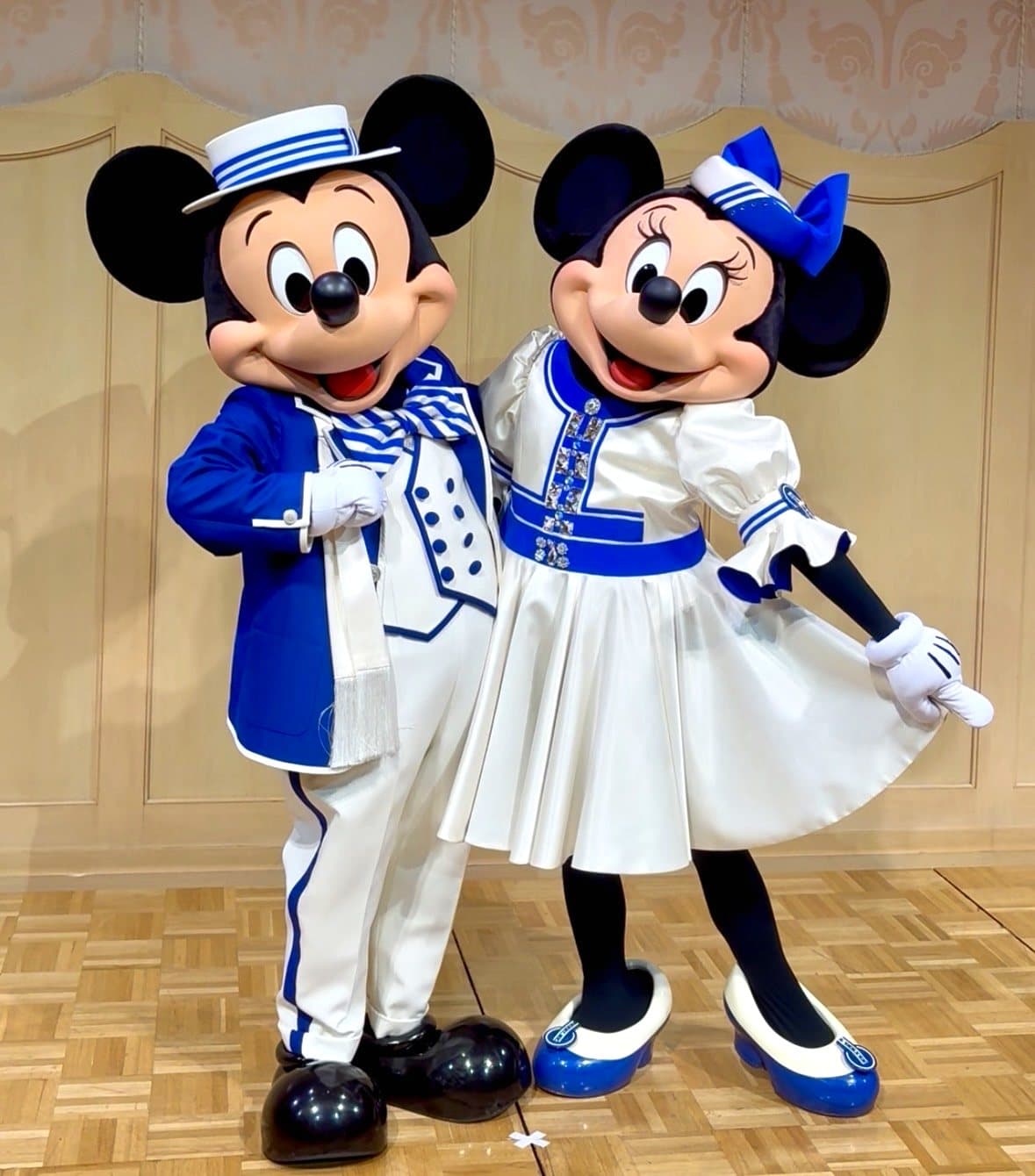 青と白の衣装のミッキーとミニーのグリーティング
