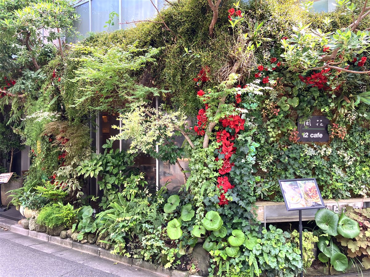 i2 cafeの緑と赤い花に覆われた外観の壁