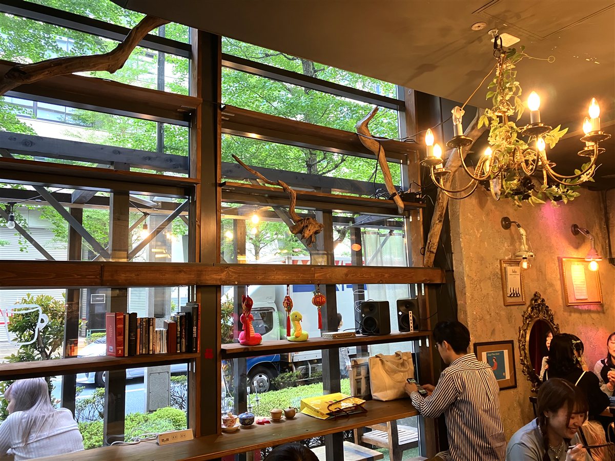 店内の窓際。流木とシャンデリア、本や中国茶器が並ぶ棚