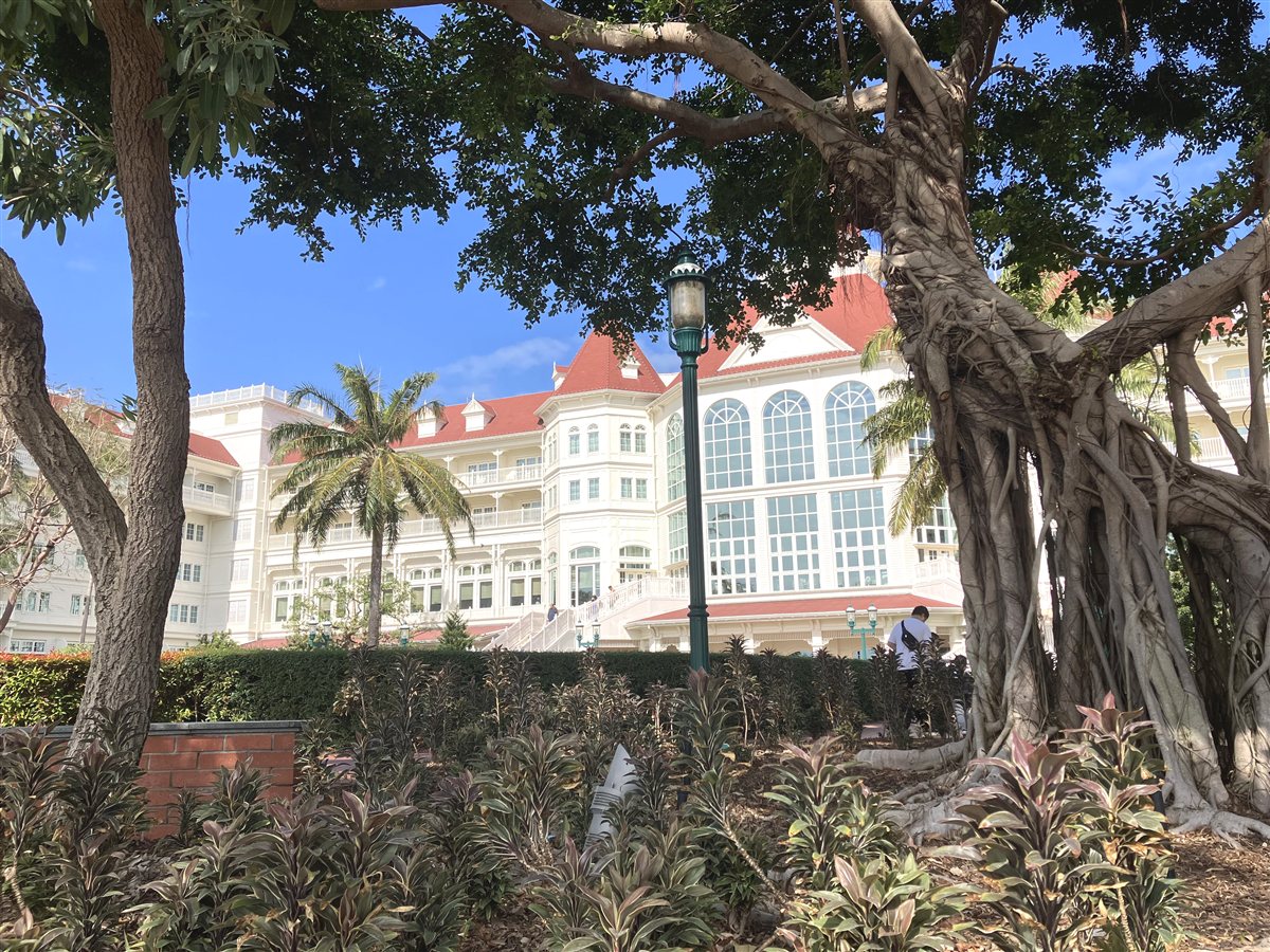 香港ディズニーランド・ホテルの外観。赤い屋根と白い壁のクラシカルな建物と大きなガジュマルの木
